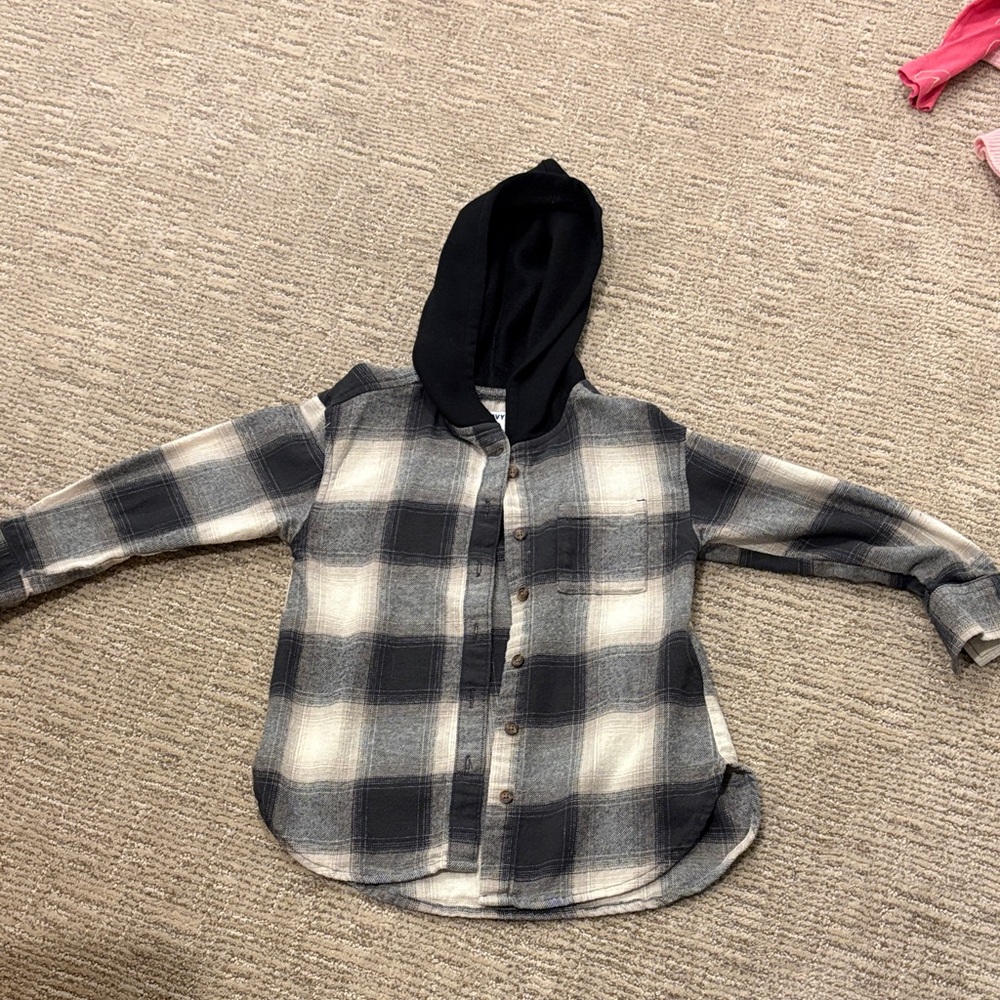 Plaid Hooded Kids Shirt - Black and Gray